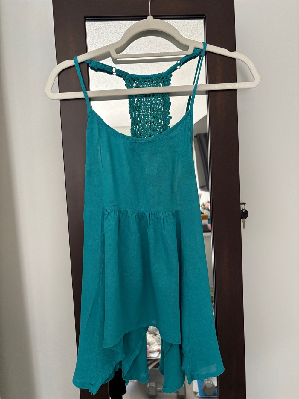 Never worn Women’s Teal Crochet-Back adjustable Spaghetti Strap shirt
